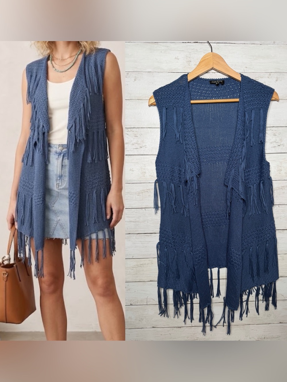 Marble Blue Fringe Open Front Knit Vest Boho Western Festival Size Medium